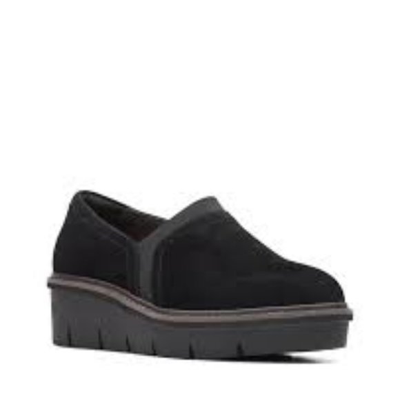 NEW CLARKS AIRABELL MID SLIP ON SUEDE LEATHER WEDGE SHOES BLACK 7.5M - Picture 3 of 14